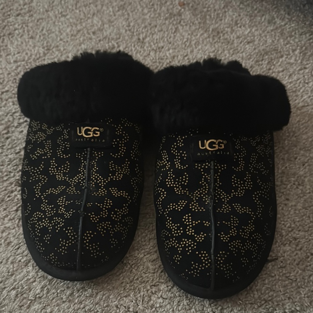 UGG Black Slippers with Gold Detail